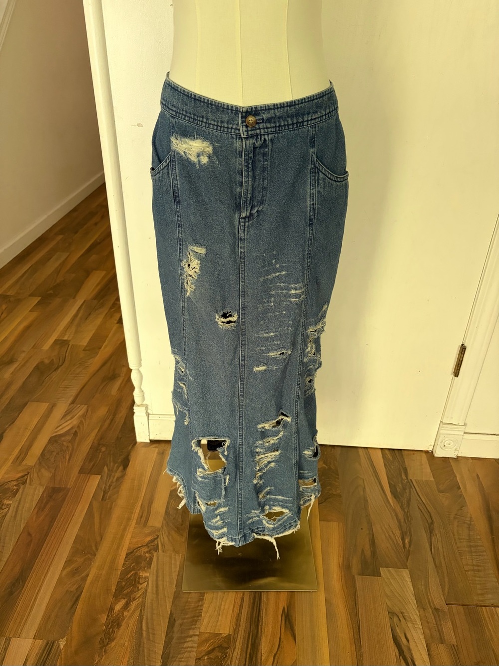 Vintage Y2K grunge whimsygoth Distressed medium wash jean denim Midi Skirt, 6